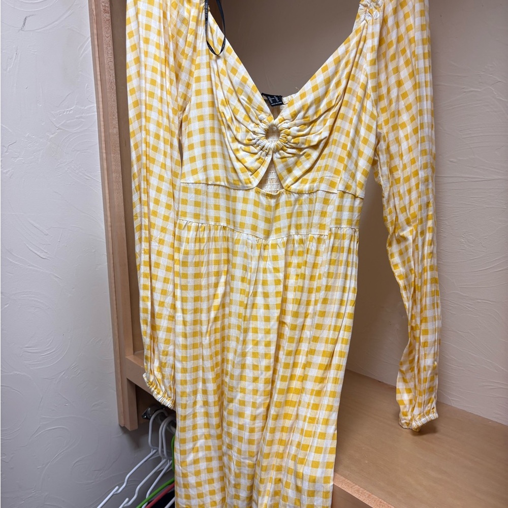 Forever 21 Yellow Gingham Long-Sleeve Midi Dress